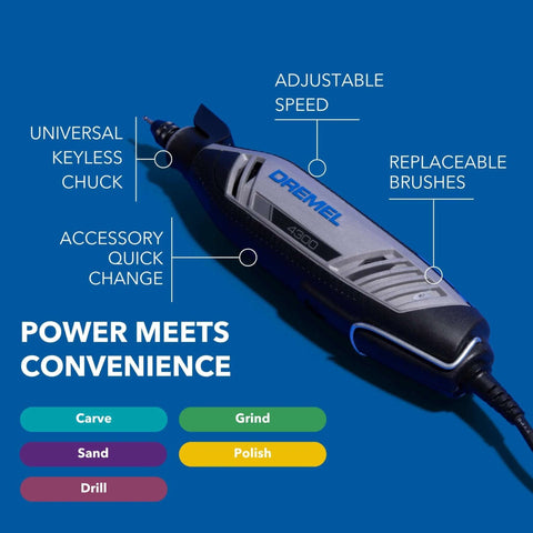 Dremel 4300 rotary tool with LED light in angled front view; corded, universal keyless chuck, adjustable speed.