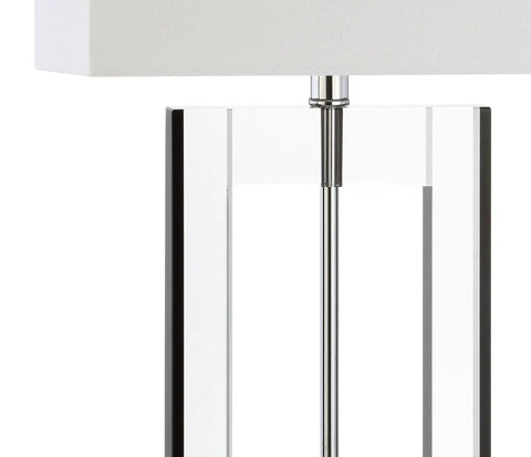 Clear And Black Crystal Table Lamp With Modern Geometric Glam Glass And White Linen Drum Shade 26 Inch Tall LED Bulb Included