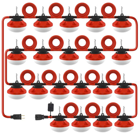 100 Foot LED Construction String Lights With Ten High Lumen Bulbs, Industrial Grade, Weatherproof, linkable, red cords shown