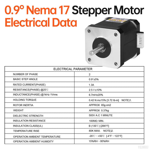 YEJMKJ 0.9° Nema 17 bipolar stepper motor with 42×48mm frame, 24mm shaft, 4 leads and 1m cable