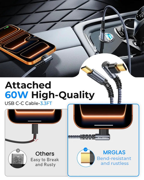 Heavy Duty Slick Hella Fast 90W Car Charger Adapter With PD 45W QC 45W Dual Port USB C Cable For Iphone 17 16 And Samsung Galaxy Tablet Multi Device Compatible Driving Power Bank with 60W USB C cable.
