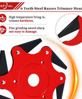 Universal 6 Steel Razors Weed Eater Head With Adapter Kit For Straight Shaft Trimmers, red 6-teeth blade close-up