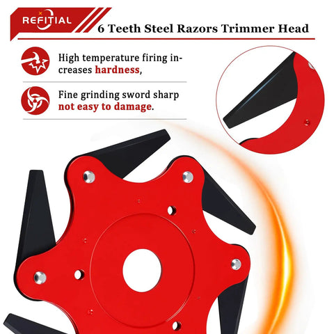 Universal 6 Steel Razors Weed Eater Head With Adapter Kit For Straight Shaft Trimmers, red 6-teeth blade close-up