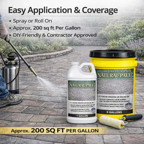 Heavy Duty Water Based Paver And Concrete Sealer Shields Brick Stone Masonry Locks Joint Sand Boosts Raw Color UV Shield Waterproof Patio Armor Slick Crisp Finish Five Gallon, application tools and coverage info.