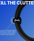 Close-up of cable tied with hook and loop tie. Grip Kit For Pedalboards With 10 Feet Of Heavy Duty Hook And Loop Tape And 6 Reusable Cable Ties.