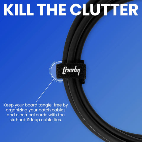 Close-up of cable tied with hook and loop tie. Grip Kit For Pedalboards With 10 Feet Of Heavy Duty Hook And Loop Tape And 6 Reusable Cable Ties.