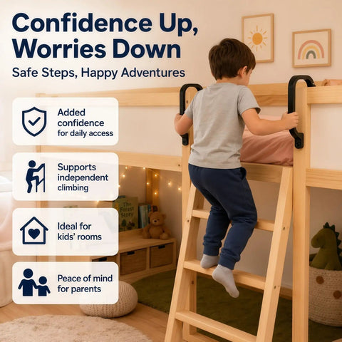 Child climbing loft bed with Heavy Duty Safety Handles For Loft Bed Ladders With KURA Style Rails, non slip grip for kids