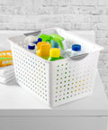 Deep Ultra Open Top Plastic Storage Baskets Six Pack White for counters holding cleaning supplies on laundry room surface