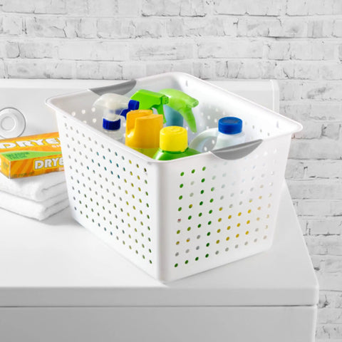 Deep Ultra Open Top Plastic Storage Baskets Six Pack White for counters holding cleaning supplies on laundry room surface