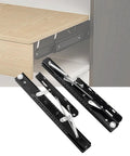 Kick Clutter To The Curb With Adjustable Countertop Extension Slide Rail System Hidden Lift Platform Push Pull Table Add On Heavy Duty Drawer Organizer Setup with black steel slide rails in a cupboard.