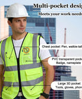 Heavy Duty Custom Safety Vest With Bold High Viz Reflective Striping For Crew Branding And Site Ready Performance Personalized Logo Breathable Mesh Work Gear Built Tough For Day One Crews, featuring multiple pockets and worn by a man in a hard hat.