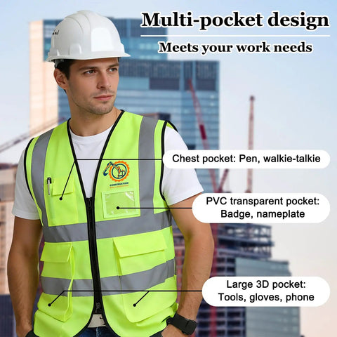 Heavy Duty Custom Safety Vest With Bold High Viz Reflective Striping For Crew Branding And Site Ready Performance Personalized Logo Breathable Mesh Work Gear Built Tough For Day One Crews, featuring multiple pockets and worn by a man in a hard hat.