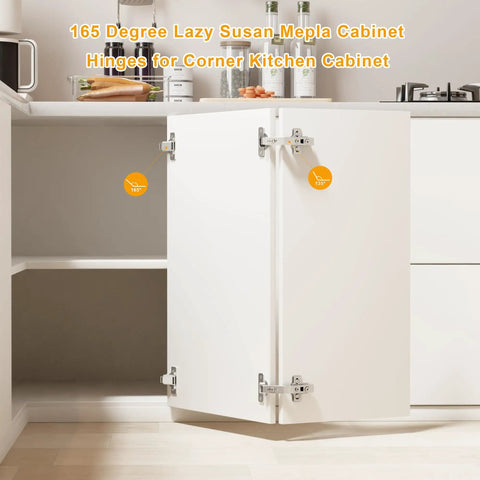 165 Degree Lazy Susan Cabinet Hinges installed on open corner kitchen cabinet door