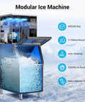 600 Lbs Per Day Commercial Ice Maker with 420 Lbs Capacity, showing ice storage and copper condenser, ideal for cafes and bars.