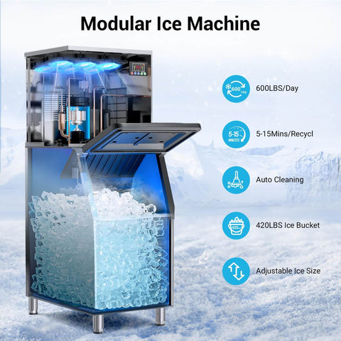 600 Lbs Per Day Commercial Ice Maker with 420 Lbs Capacity, showing ice storage and copper condenser, ideal for cafes and bars.