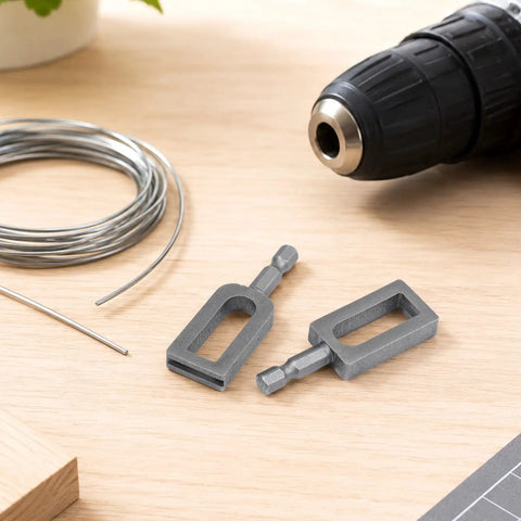 2 Piece Wire Twister Drill Bit Set 1/4 Inch Hex Shank, heavy duty steel bits next to wire and drill on wooden surface.