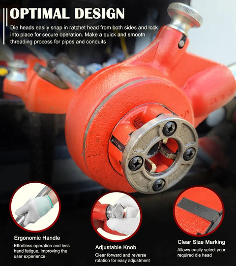 Close-up of 12R Manual Exposed Ratchet Pipe Threader Set With 6 NPT Die Heads From Half Inch To Two Inch Pipe Portable Tool Kit