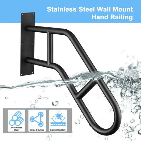 Rock Solid Wall Mounted Handrail For Porch And Stairs With Non Slip U Shaped Handle Heavy Duty Safety Grab Bar For Decks And Indoor Steps Built Tough, black stainless steel design, suitable for wet areas.