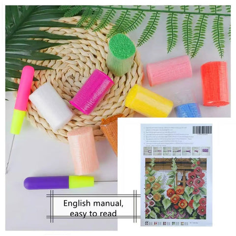 Latch Hook Kit For Beginners, 17x17 Inch Pre Printed Animal Cushion Cover With Easy Tools, manual and tools displayed