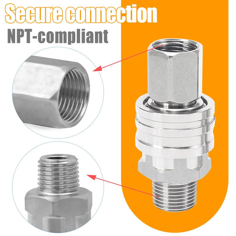 NPT-compliant 1/4 inch stainless steel pressure washer quick-connect fittings set (4-pack) with male and female threads