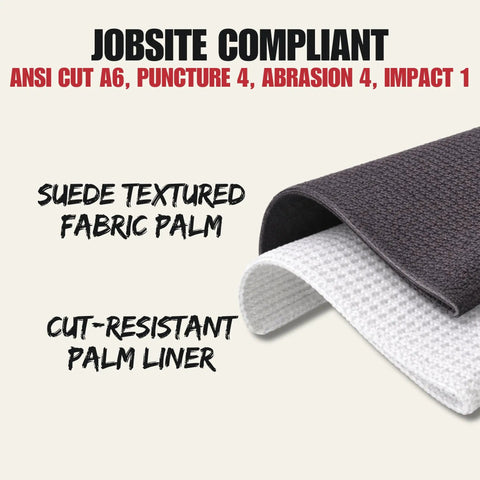 6161 ANSI A6 Cut Resistant Impact Gloves with dense fabric palm, suede texture, and cut-resistant liner for construction protection.