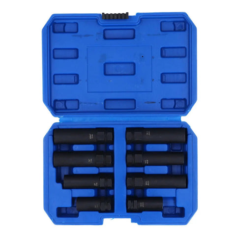 Opened toolkit showcasing 8 Piece Lug Nut Socket Set in Cr Mo Steel Thin Walled Design for Tight Spaces in blue case