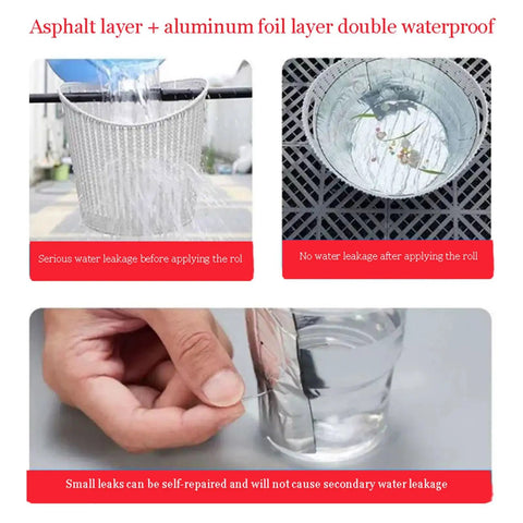 Rock Solid Self Adhesive Roof Underlayment Roll Made With Sbs Bitumen And Aluminum Foil showing before and after leakage tests.