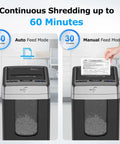 Two In One 300 Sheet Auto Feed Paper Shredder With 12 Sheet Manual Slot Built Like A Workhorse Commercial Grade Heavy Duty Micro Cut Shredder P4 Security Level 58dB Ultra Quiet For Office Or Home Use with auto and manual feed modes.