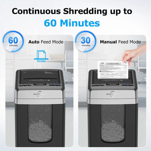 Two In One 300 Sheet Auto Feed Paper Shredder With 12 Sheet Manual Slot Built Like A Workhorse Commercial Grade Heavy Duty Micro Cut Shredder P4 Security Level 58dB Ultra Quiet For Office Or Home Use with auto and manual feed modes.