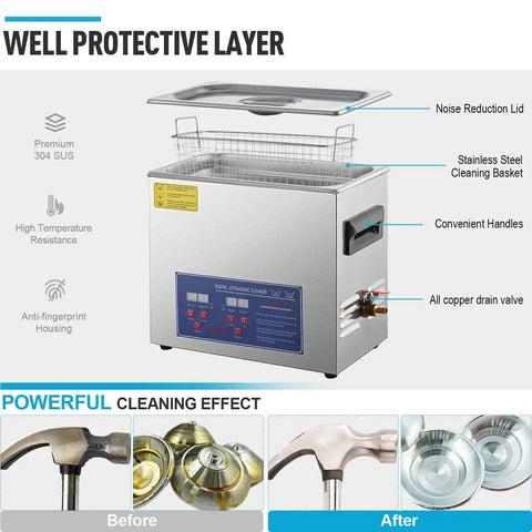Professional 6 Liter Commercial Ultrasonic Cleaner 40Khz with stainless steel basket and noise reduction lid for delicate item care.
