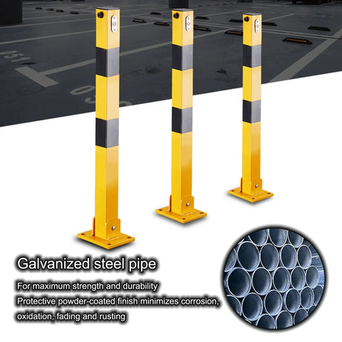 Heavy Duty Steel Bollard For Driveways And Parking Lots, three yellow and black traffic control poles with base plates