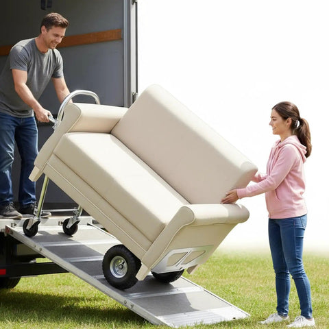 3 In 1 Heavy Duty Aluminum Hand Truck Cart With 550 Lb Capacity, Converts From Upright Stair Climb To Four Wheel Tilt, And Flat Platform Dolly For Appliances, Furniture, And Luggage, Folding Convenience. Aluminum hand truck moving a sofa down a truck ramp