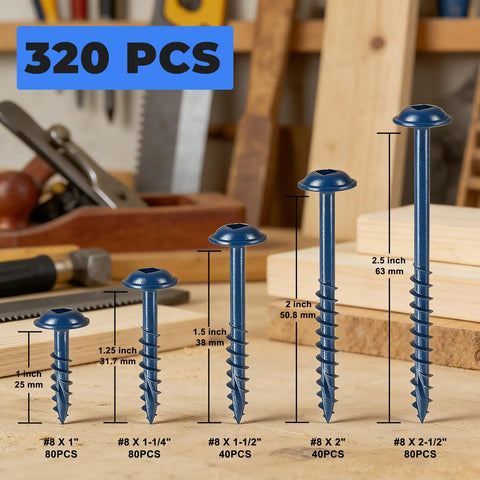 Blue Coated Pocket Hole Screws Kit In Five Sizes From One Inch To Two And A Half Inches Includes 320 Pcs For Outdoor DIY
