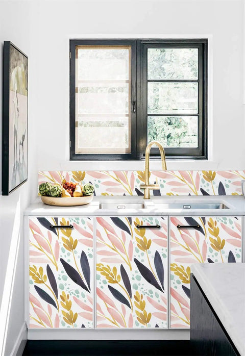 Kitchen with Watercolor Forest Peel And Stick Wallpaper Removable Floral Vinyl Self Adhesive Shelf Liner In White Pink Navy Yellow