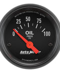 Auto Meter 2-1/16 inch electric oil pressure gauge, front view, black dial with red needle, 0-100 psi