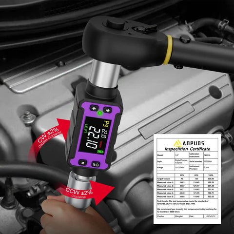 1/2 Inch Digital Torque Adapter Set With Ultra Slim Design For Tight Spaces, Delivers 0.4-22.1 Ft-Lb (0.6-30 Nm) Of Precise Torque, Great For Engine Bays, Bicycle Spokes, And Other Confined Work Areas. Digital torque adapter on a ratchet in an engine bay