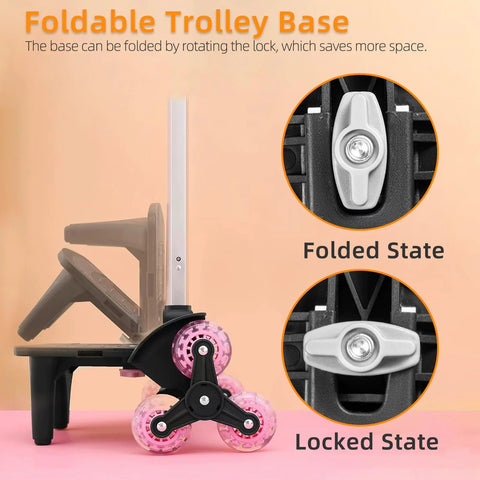 Lightweight Folding Backpack Trolley with three-wheel rolling hand truck design, foldable base, showing locked and folded states.