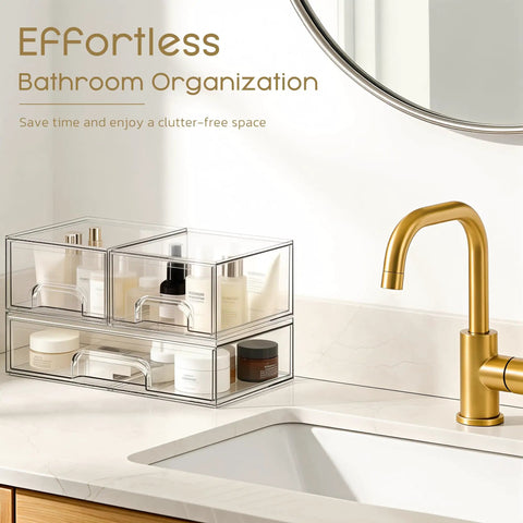 3 Pack Clear Acrylic Stackable Storage Drawers For Makeup And Bathroom Organizer on countertop with skincare products.