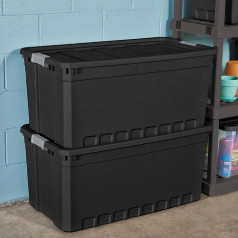 Heavy Duty Workhorse Plastic Storage Totes 50 Gallon Bulk Nine Pack Featuring Secure Snap Latching Lids Stackable Bin Set stacked against a blue wall.