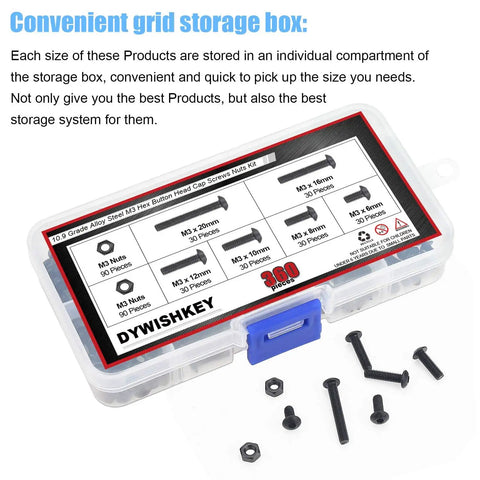 360 Piece M3 Hex Button Head Bolts Set, Pro Grade 10.9 Alloy Steel Screws Nuts Kit With Hex Wrench in storage box with bolts shown