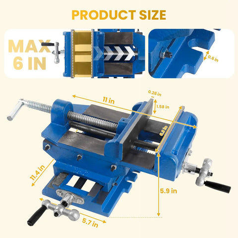 Badass Six Inch Cross Slide Drill Press Vise And Heavy Duty Bench Vice With Smooth XY Axis Cross Travel Plus Precision Dual Rail Crank Setup, side view showing dimensions and details.