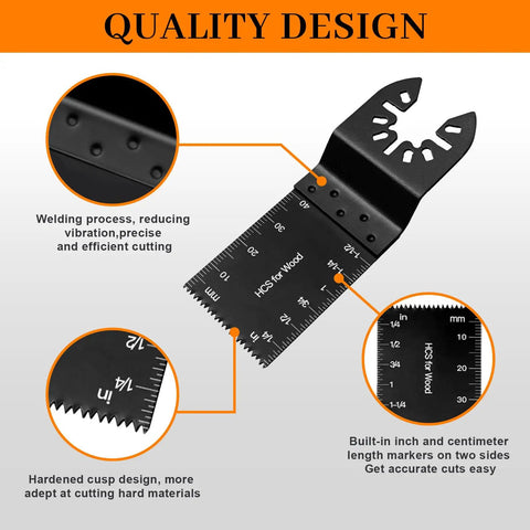 Close-up of Heavy Duty 50 Pack Oscillating Tool Blades Set, Universal Titanium Multitool Blades showing design and material.