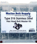 Front view: Marine Bolt Supply 316 stainless hex bolt master kit; sizes 1/4-20, 5/16-18, 3/8-16.
