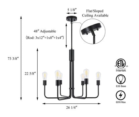 6 Light Black Vintage Chandelier Pendant Ceiling Light for Living Room Dining Room Kitchen Island Hardwired Fixture dimensions