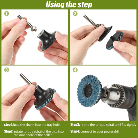 Steps to attach 48 Piece 2 Inch Die Grinder Flap Disc Set With Pad Holder 80 Grit for metal grinding to an angle grinder