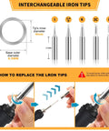 Legit 60W Soldering Iron Kit With Five Durable Replaceable Tips And Reliable Temp Control Dial showcasing interchangeable tips and replacement instructions.