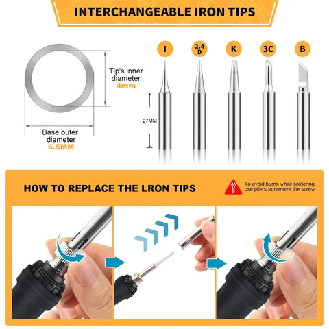 Legit 60W Soldering Iron Kit With Five Durable Replaceable Tips And Reliable Temp Control Dial showcasing interchangeable tips and replacement instructions.