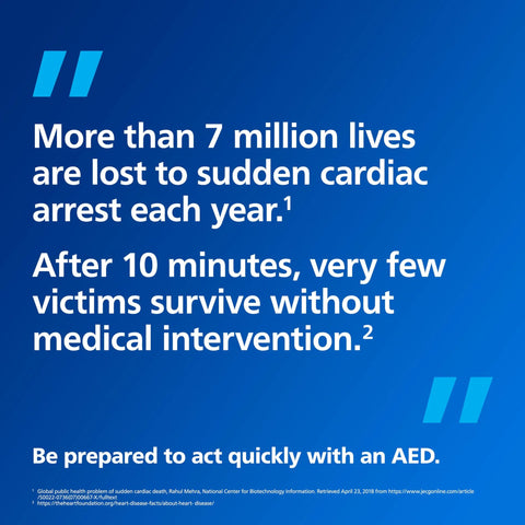 Blue gradient poster about AEDs; white text urges preparedness to act quickly with an AED.