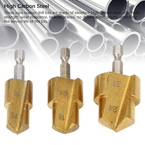 3 PCS High Carbon Steel PPR Pipe Reamer Bits Kit With Step Drill Head For PVC Fitting Expansion And Cleaning Featuring Hex Shank In 19MM 24MM And 31MM Sizes, shown with 19 24 31 mm bits