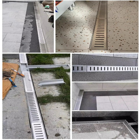 Rock Solid 304 Stainless Steel Deck Drain Grates in various installations for patios, garages, and pools.